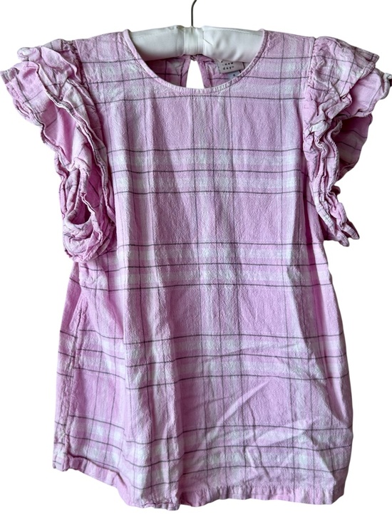 a new day Tops - Short Sleeve Blouse Pink Gray White Plaid Double Ruffle Sleeve A New Day Small